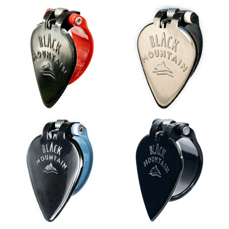 Light, Medium, Heavy, and Jazz Tip Black Mountain Thumb Picks in the Variety Pack